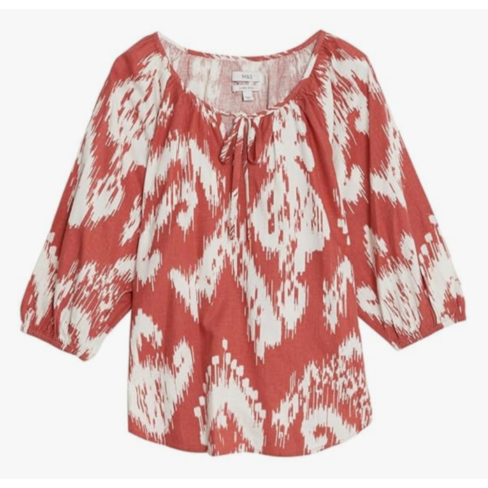 M&S MARKS SPENCER Linen Rich Peasant Top SIENNA RUST IKAT Tie Neck US-12, UK-16